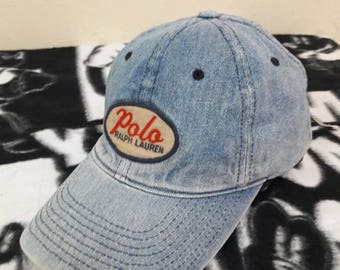 Vintage Polo Sport Ralph Lauren denim hat cap Leather adjustable
