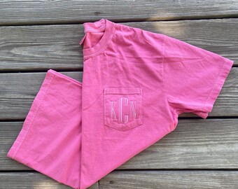 Monogrammed Monochromatic Embroidered Pocket T-Shirt