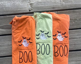 Embroidered Ghost BOO Pocket T-Shirt | Spooky Halloween Fall Apparel