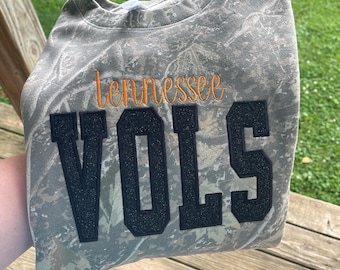 Tennessee Vols Camo Crewneck Sweatshirt | Glitter Appliqué Embroidery Game Day Pullover