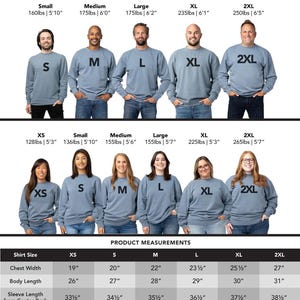 May include: A blue crewneck sweatshirt shown in sizes XS through 2XL on various individuals. The image includes a sizing chart with chest width, body length, and sleeve length measurements in inches for each size, ranging from 19 to 38.5 inches.