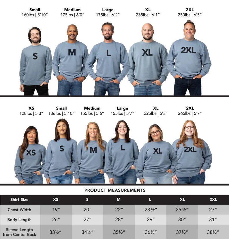 May include: A blue crewneck sweatshirt shown in sizes XS through 2XL on various individuals. The image includes a sizing chart with chest width, body length, and sleeve length measurements in inches for each size, ranging from 19 to 38.5 inches.