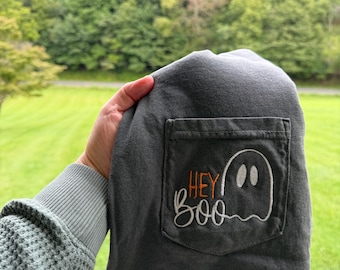 Embroidered Ghost Pocket T-Shirt | Halloween Fall Season Tee