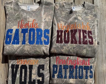 Custom Team Camo Crewneck Sweatshirt | Glitter Appliqué Embroidery Game Day Pullover