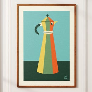 May include: A framed print featuring a colorful illustration of a stovetop espresso maker. The artwork showcases a geometric design with yellow, orange, and green vertical stripes against a teal background. The handle is black, and the frame is brown.