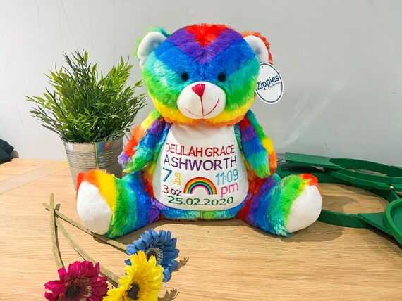 PERSONALISED CUTE RAINBOW TEDDY BEAR SOFT CHILD BABY GIFT EMBROIDERED 