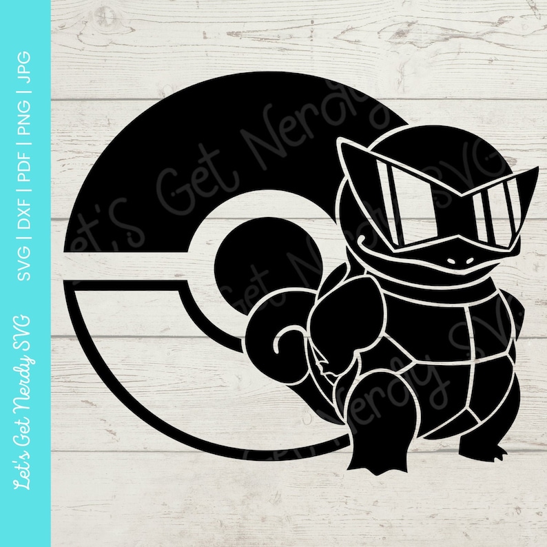 May include: Black and white silhouette of a Squirtle Pokemon wearing sunglasses, standing in front of a Pokeball. The Pokeball is a black and white circle with a smaller circle inside.