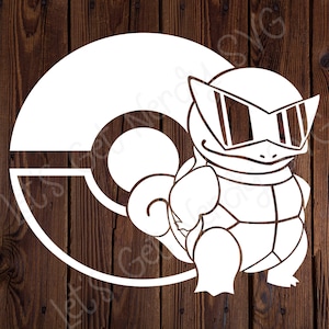 May include: A white silhouette of a Squirtle Pokemon wearing sunglasses, standing in front of a white Pokeball. The image is on a brown wood background.