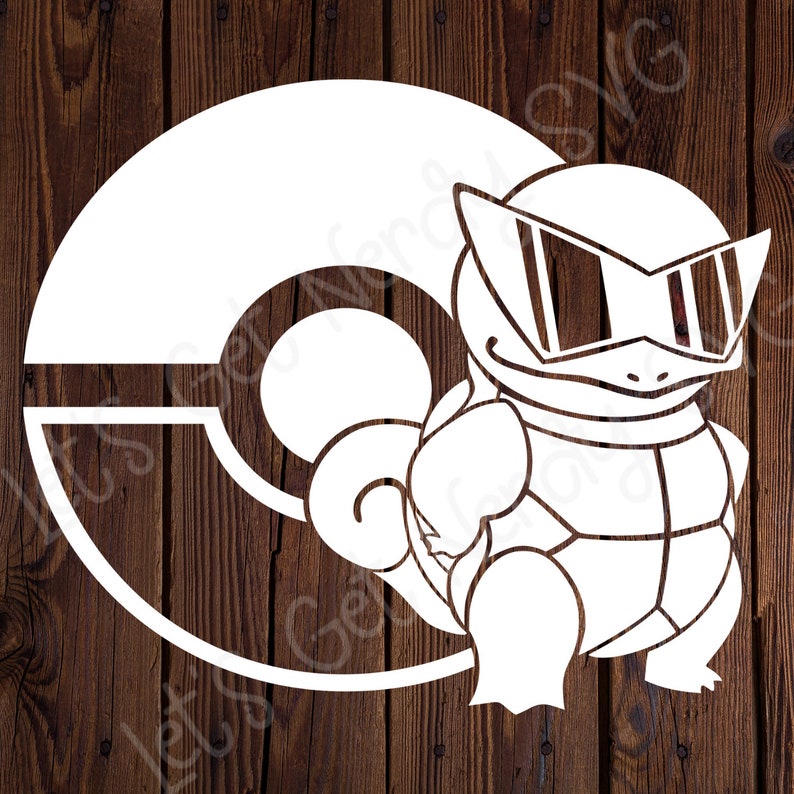 May include: A white silhouette of a Squirtle Pokemon wearing sunglasses, standing in front of a white Pokeball. The image is on a brown wood background.