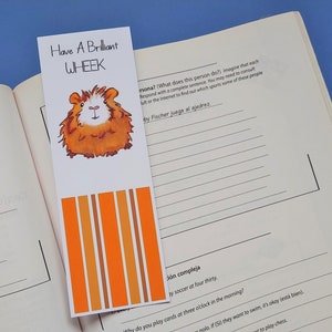 May include: A white bookmark with orange and brown stripes. The bookmark features a cartoon illustration of a brown and white guinea pig. The text "Have A Brilliant WHEEK" is printed on the bookmark.