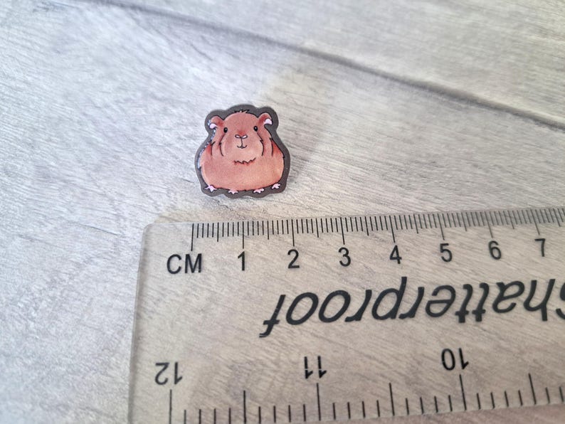 May include: A brown and white guinea pig pin with a black outline. The pin is about 1 inch in diameter and is sitting on a wooden surface next to a ruler.
