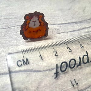 May include: A close-up of a small, orange and white guinea pig pin. The pin is about 1 cm in diameter and is made of metal.