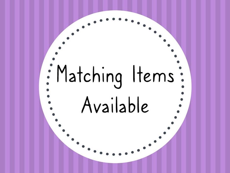 May include: A white circle with a black dotted border on a purple striped background. The text "Matching Items Available" is written in black inside the circle.