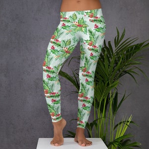 Christmas Leggings, Holiday Leggings, Womens Adult Yoga Pants, Christmas Holly Holiday Clothing, Polyester Spandex Leggings XS S M L XL Size