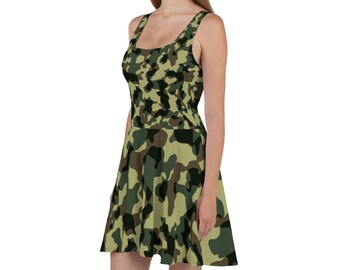 Womens Skater Dress, Camouflage Tank Dress, Sleeveless All Over Print Dress, Camo Military Polyester Spandex XS-3XL, Flowy Summer Dress