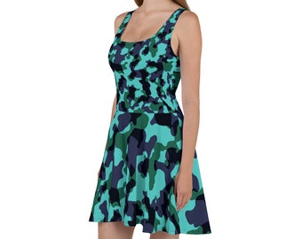 Womens Skater Dress, Camouflage Tank Dress, Sleeveless All Over Print Dress, Camo Military Polyester Spandex XS-3XL, Flowy Summer Dress
