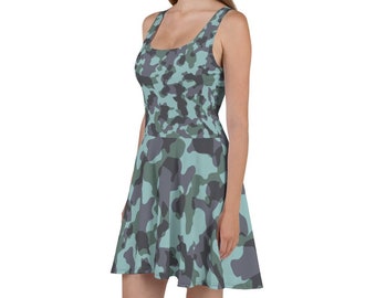 Womens Skater Dress, Camouflage Tank Dress, Sleeveless All Over Print Dress, Camo Military Polyester Spandex XS-3XL, Flowy Summer Dress