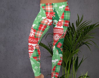 Christmas Leggings, Holiday Leggings, Womens Adult Yoga Pants, Snowflakes Plaid Holiday Clothing, Polyester Spandex Leggings XS-XL Size