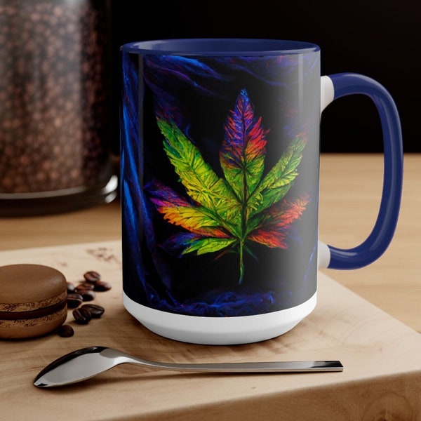 Cannabis Leaf Two-Tone Coffee Mug, 15oz Ceramic Coffee Cup, CHOOSE FROM 5 COLORS, Marijuana Print Coffee Mug, Novelty Hemp Pot Leaf Mug