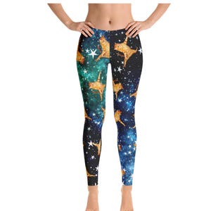 Womens Leggings, Flying Cat Galaxy Star Print Leggings, Funny Womens Yoga Pants, Animal Legging, Polyester Spandex Leggings XS S M L XL Size