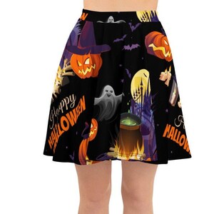 Women&#39;s Skater Skirt, Circle Skirt, Halloween Holiday Skirt, Custom Pumpkins Cats Ghosts Skirt, XS-3XL Size, Custom All Over Print Skirt