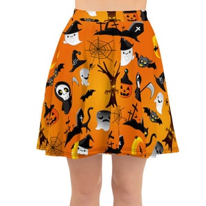 Women&#39;s Skater Skirt, Circle Skirt, Halloween Holiday Skirt, Custom Pumpkins Cats Ghosts Skirt, XS-3XL Size, Custom All Over Print Skirt