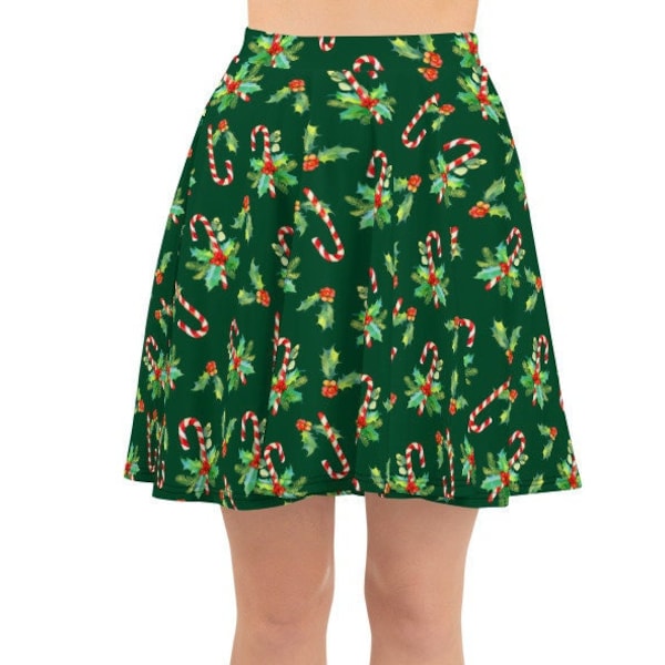 Women's Skater Skirt, Stretch Circle Skirt, Christmas Candy Canes Holiday Skirt, Holly Winter Skirt, XS-3XL Size, All Over Print Skirt