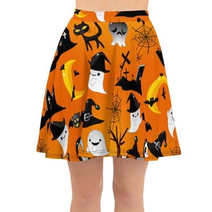 Women&#39;s Skater Skirt, Circle Skirt, Halloween Holiday Skirt, Custom Pumpkins Cats Ghosts Skirt, XS-3XL Size, Custom All Over Print Skirt