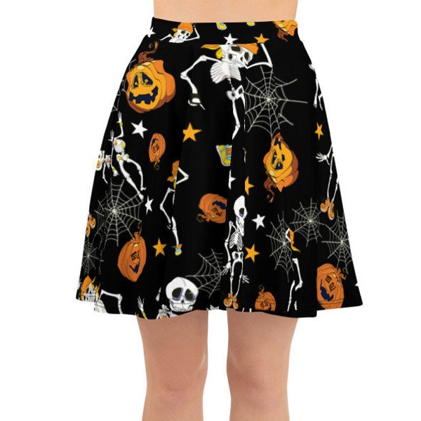 Women's Skater Skirt, Circle Skirt, Halloween Holiday Skirt, Custom Pumpkins Skeletons Spiders Skirt, XS-3XL Size, All Over Print Skirt