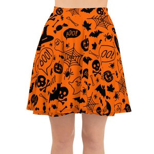 Women&#39;s Skater Skirt, Circle Skirt, Halloween Holiday Skirt, Custom Pumpkins Bats Witches Skirt, XS-3XL Size, Custom All Over Print Skirt