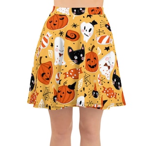Women&#39;s Skater Skirt, Circle Skirt, Halloween Holiday Skirt, Custom Pumpkins Cats Ghosts Skirt, XS-3XL Size, Custom All Over Print Skirt