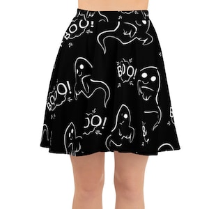 Women&#39;s Skater Skirt, Circle Skirt, Halloween Holiday Skirt, Custom Boo Scary Ghosts Skirt, XS-3XL Size, Custom All Over Print Skirt