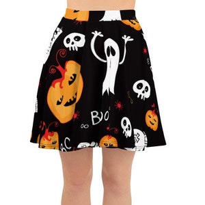 Women&#39;s Skater Skirt, Circle Skirt, Halloween Holiday Skirt, Custom Pumpkins Cats Ghosts Skirt, XS-3XL Size, Custom All Over Print Skirt