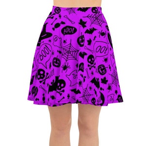 Women&#39;s Skater Skirt, Circle Skirt, Halloween Holiday Skirt, Custom Pumpkins Bats Witches Skirt, XS-3XL Size, Custom All Over Print Skirt