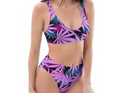 Women 39 s High Wasted Two Piece Bikini Swimsuit, XS-3XL Hippie Hemp Leaf Bikini Swim Suit, Marijuana Hemp Pot Leaf Bathing Suit, Padded Bikini