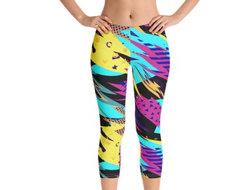 Womens Capri Leggings, Retro 80's 90's Neon Leggings, Paint Stretch Capri's, Womens Yoga Pants, Polyester Spandex Capri XS S M L XL Size,