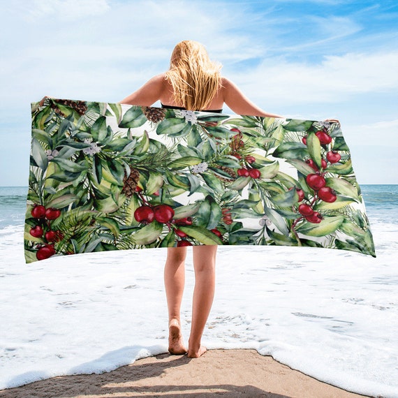 Large Beach Towel, 30 x 60 Inch Towel, Bath Towel, Christmas Holly Print  Towel, Custom Holiday Winter Holiday Designer Premium Large Towel