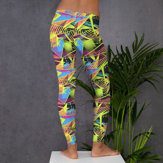 Womens Leggings, Retro 80's 90's Neon Leggings, Abstract Stretch