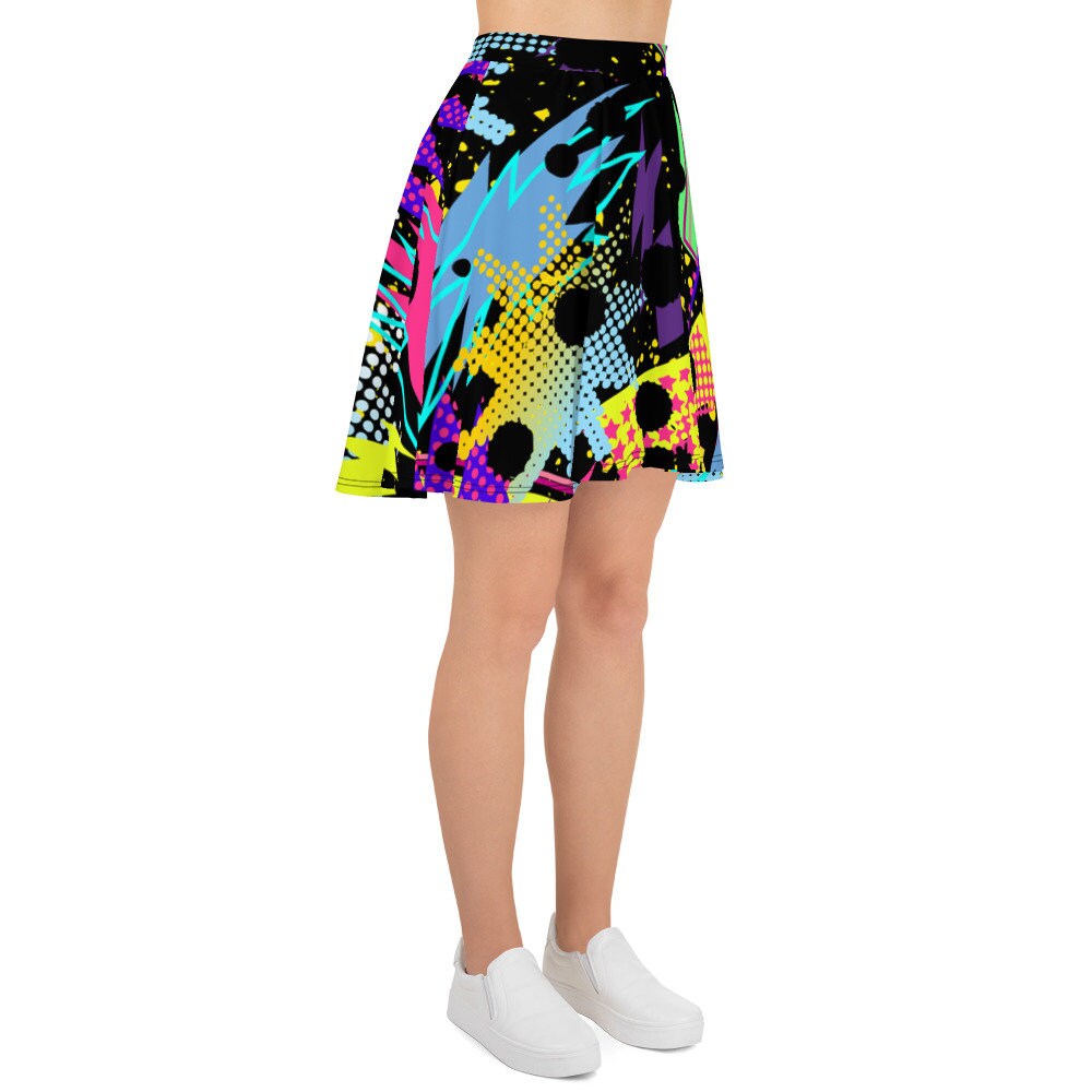 Womens Skater Skirt, Circle Skirt, Neon Retro Paint Splatter Skirt