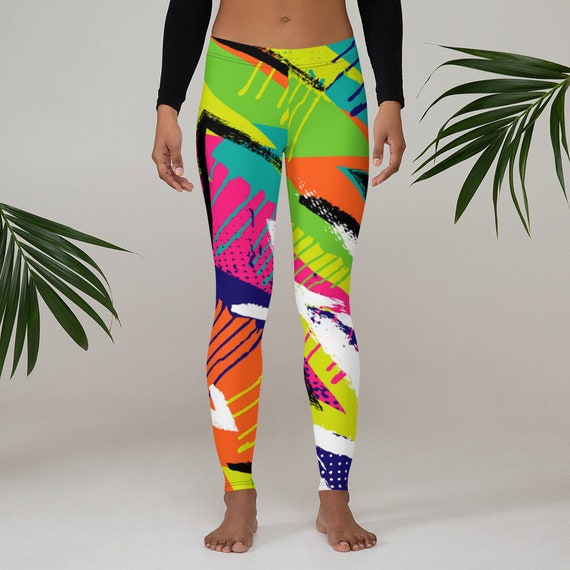 Womens Leggings, Retro 80's 90's Neon Leggings, Abstract Stretch Leggings,  Womens Yoga Pants, Polyester Spandex Leggings XS S M L XL Size 