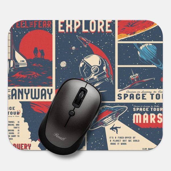 Retro Mars Rocket Mouse Pad, 9"x8" Space 70's Mouse Pad, Tech Desk Office Computer Mouse Pad Office Supplies, Neoprene Non Slip Mouse Pad