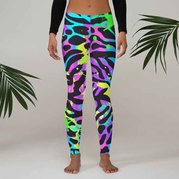 Womens Leggings, Retro 80s Neon Leggings, Animal Print Neon