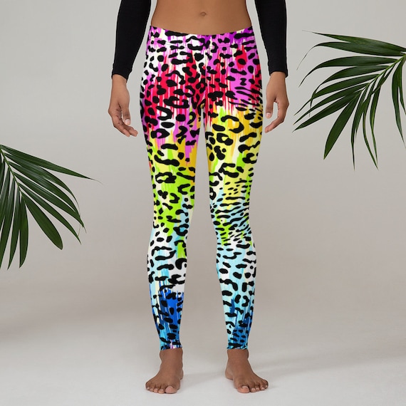 Womens Leggings, Retro 80s Neon Leggings, Animal Print Neon