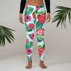 Womens Leggings, Fruit Berries Leggings, Food Workout Exercise Leggings, Womens Yoga Pants, Polyester Spandex Leggings XS S M L XL Size