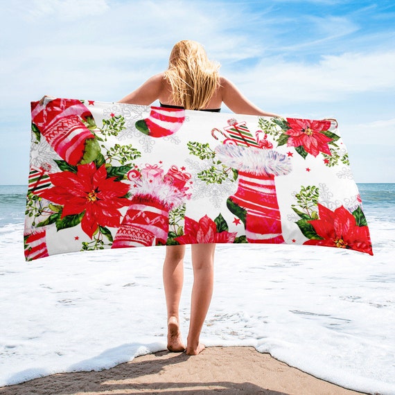 Large Beach Towel, 30 x 60 Inch Towel, Bath Towel, Christmas Holly Print  Towel, Custom Holiday Winter Holiday Designer Premium Large Towel