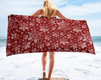 Large Beach Towel, 30 x 60 Inch Towel, Bath Towel, Christmas Snow Flake Print Towel, Custom Holiday Winter Snowflake Designer Premium Towel