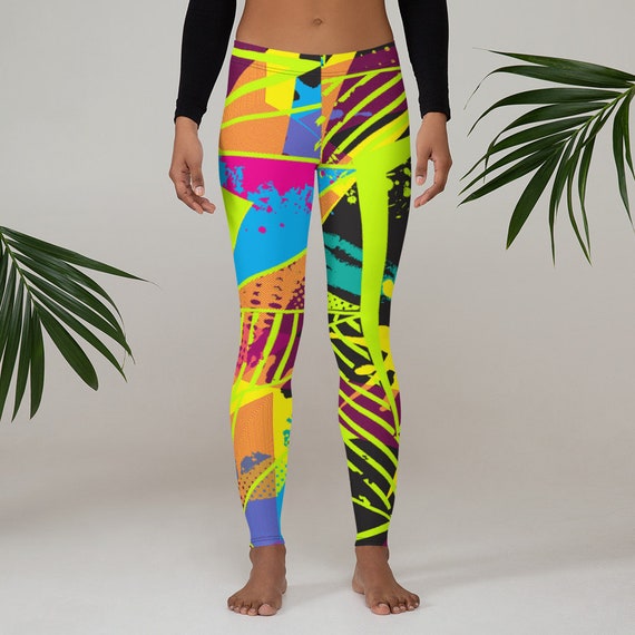 Womens Leggings, Retro 80's 90's Neon Leggings, Abstract Stretch Leggings,  Womens Yoga Pants, Polyester Spandex Leggings XS S M L XL Size 