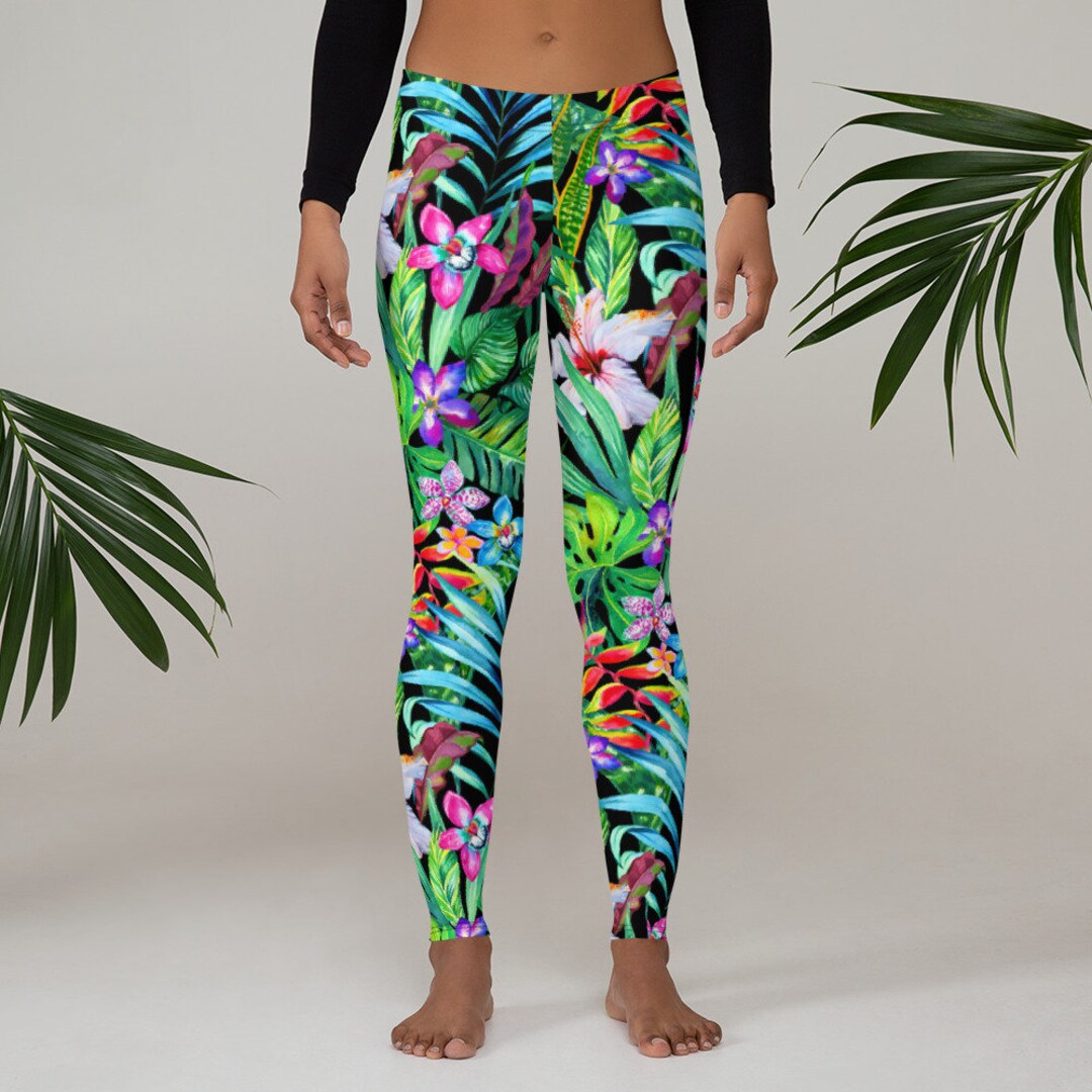 Womens Leggings Tropical Leaves Leggings Floral Workout Etsy