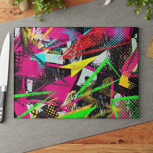 Tempered Glass Cutting Board, Pop Art Retro Neon Cutting Board, Glass Cutting Board, 2 Sizes, Kitchen Accessories, Kitchen Tools