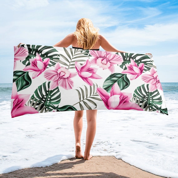 Large Beach Towel, 30 x 60 Inch Towel, Bath Towel, Tropical Floral Print  Towel, Custom Beach Towel, Oversized Pool Towel, Beach Accessories